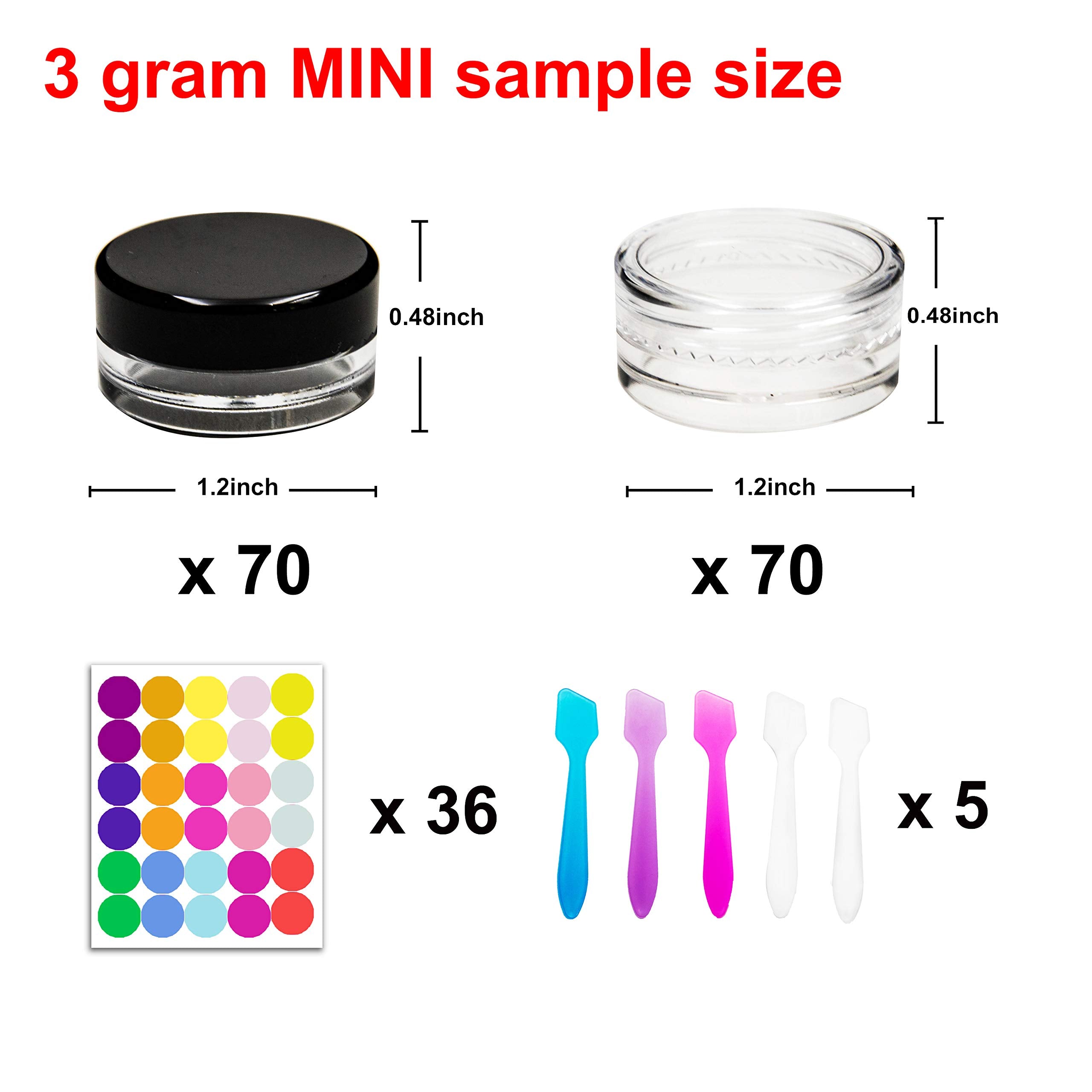 Youngever 140 Pcs Empty Plastic Cosmetic Samples Containers, Plastic Jars With Lids, 5 Mini Spatulas (3 Gram)